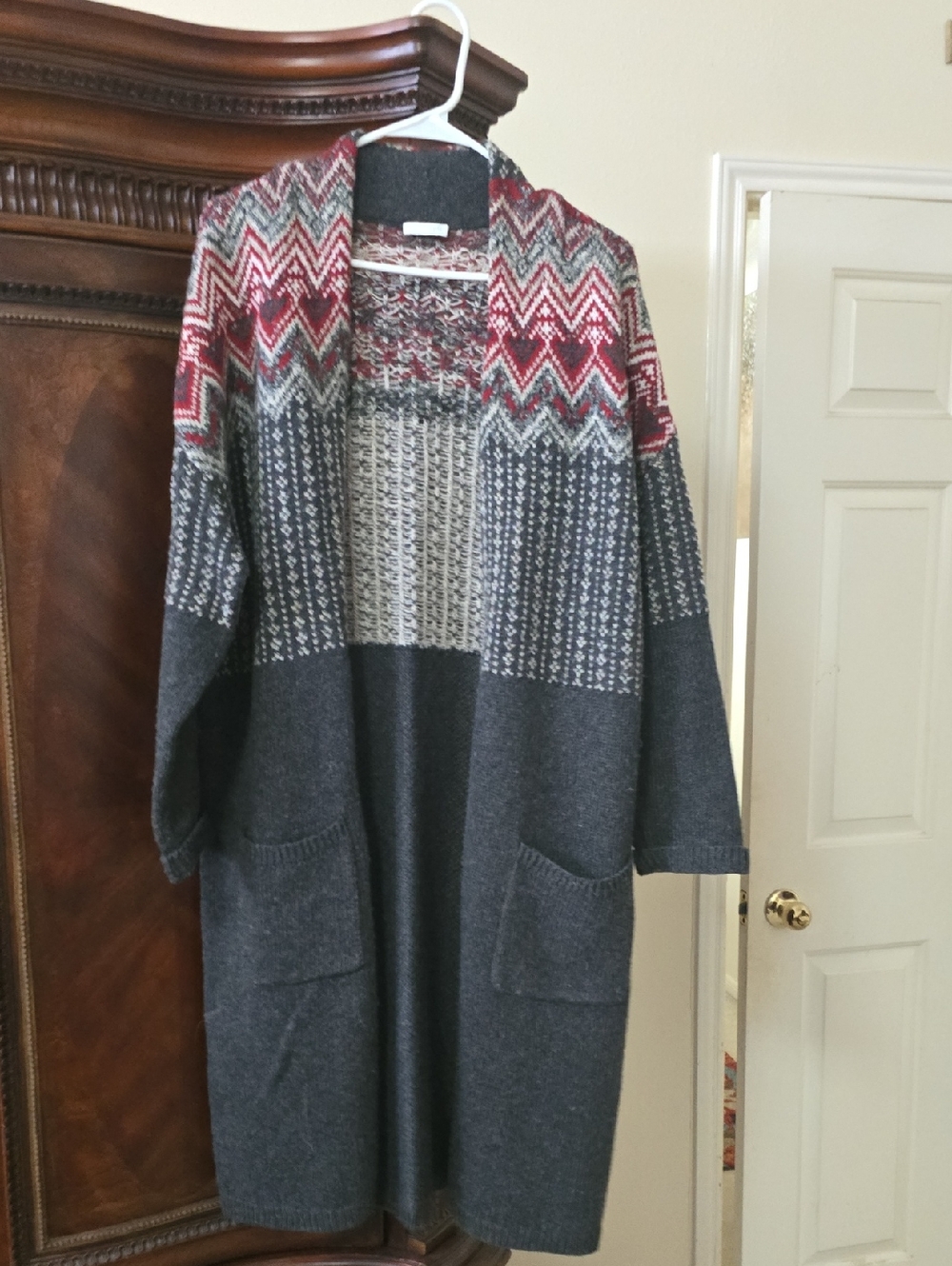 J. Jill Gray Cardigan with Red Chevron Yoke